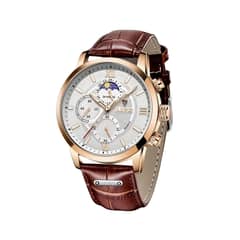LIGE - Reloj Hombre Dorado con Correa Cafe