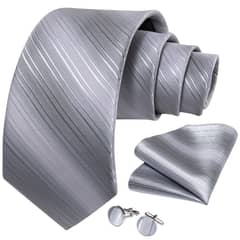 SN SONEC - Corbata plateada seda hombre formal paño y colleras Modelo Silver