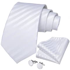 SN SONEC - Corbata blanca rayas hombre seda paño y colleras Blanco striped