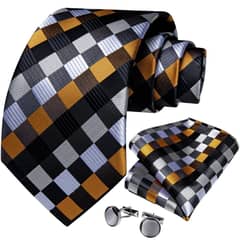 SN SONEC - SetCorbata formal hombre seda con paño y colleras Tricolor Cuadros