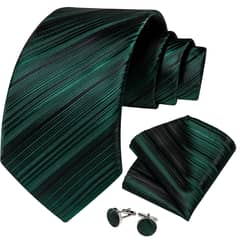 SN SONEC - Corbata hombre seda con paño y colleras Verde Oscuro Rayas