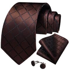 SN SONEC - Corbata Café hombre seda con pañuelo colleras Café Chocolate Oscuro