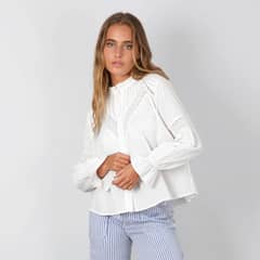 RAINDOOR - Blusa Pliegues Broderie Blanco Mujer