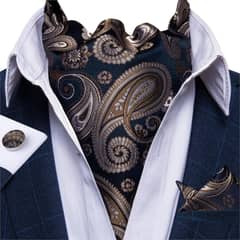SN SONEC - Corbata Gruesa Ascot con Paño y Colleras formal hombre Azul Café Gris
