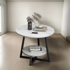 EVERSO - Mesa De Centro Lateral Living Redonda 2 Niveles Color Blanco