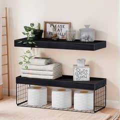 IDEEHOUSE - Set de 2 Repisas Flotantes de Madera con Soporte Metálico