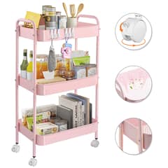 REBONEC - Carrito Organizador Metal 3 Niveles Estante Ruedas Bloqueables Rosa