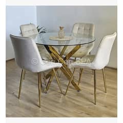 CORI CORI - Juego de Comedor Warwick Gold 120cm + 4 Sillas Capitonne Top Beige