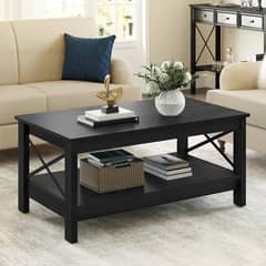 ELEMENT DESIGN - Mesa De Centro Rectangular Estilo Rústico de 2 Niveles Negro