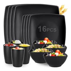 GENERICO - Cuadrada Vajilla Juego Cocina Paja Trigo Plato Tazas Kit Negro 16pzs