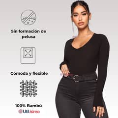 UTILISIMO - Camiseta Bambú Manga Larga Primera Capa Mujer Blanco y negro
