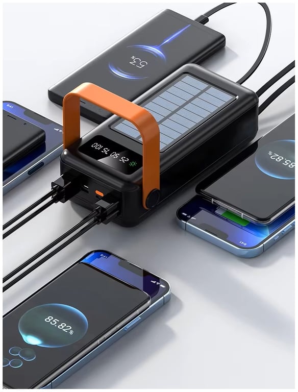 Banco Energía Solar 40000 mAh PowerBank Linterna LED Cables Integrados