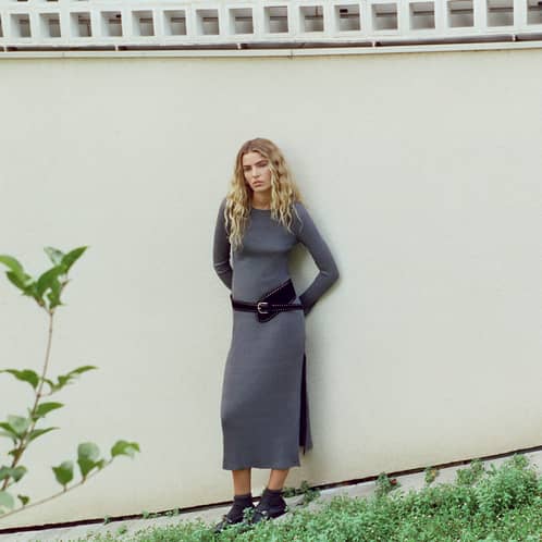 BROWNIE - Vestido Rib Gris Largo Midi Atado Espalda Mujer