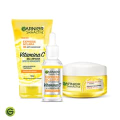 GARNIER - Pack Rutina Express Aclara Anti-manchas con Vitamina C Gel limpiador 150g + Sérum Día 30ml + Crema FPS30 50ml Skin Natural Face