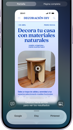 iPhone 17, frente, la pantalla muestra un sitio web con la foto de un mueble identificado con Inteligencia Visual