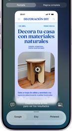 iPhone 17, frente, la pantalla muestra un sitio web con la foto de un mueble identificado con Inteligencia Visual