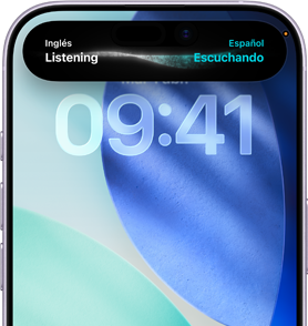 iPhone 17, frente, se destaca la interfaz de la Dynamic Island con una traducción de inglés a español