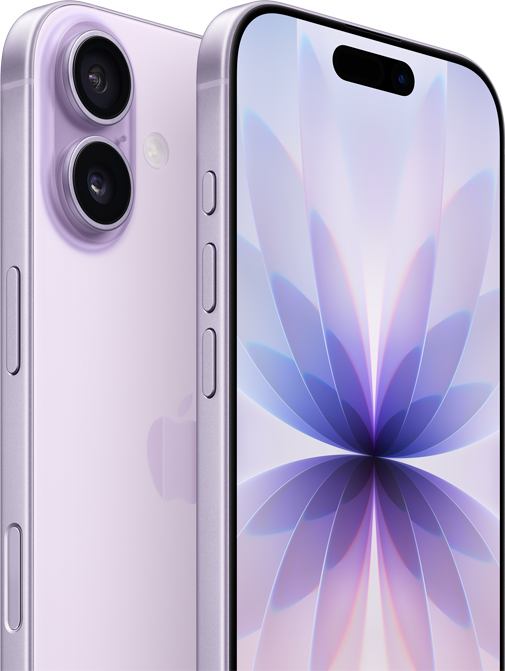 iPhone 17, parte posterior, color lavanda, sistema de dos cámaras Fusion en la parte superior izquierda, logo de Apple en el centro, parte frontal, color lavanda, Dynamic Island en el centro de la parte superior