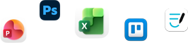 Varios íconos de apps dispersos, como Microsoft PowerPoint, Microsoft Excel y Trello