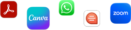 Varios íconos de apps dispersos, como Adobe Acrobat, Canva, WhatsApp, Quip y Zoom