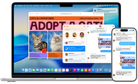 Un MacBook Air muestra una conversación en la app Mensajes, junto a un iPhone 16 Pro Max que muestra la misma conversación, gracias a las funcionalidades de continuidad entre dispositivos