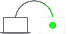 Ícono de un notebook PC conectado al ícono de un notebook Mac con una línea fluida y una marca de verificación verde
