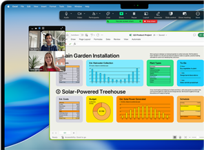 Gráficos, tablas y una videollamada abiertos en un MacBook Pro para mostrar la velocidad de los chips de Apple cuando se usan Microsoft Excel y Zoom al mismo tiempo